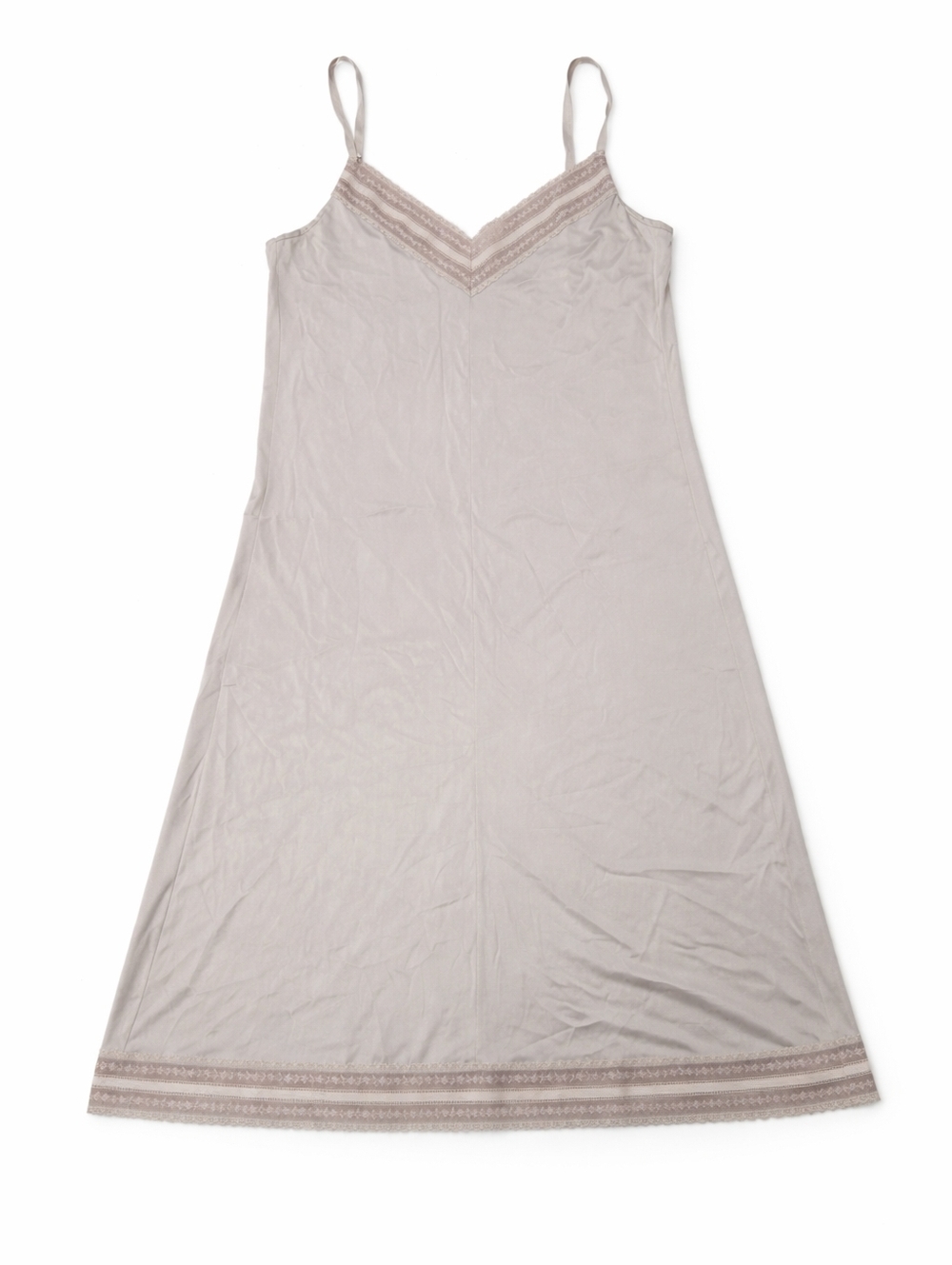 Vintage 70s 80s ILGWU Union Made Satin Slip Dress Taupe Lace Trim USA